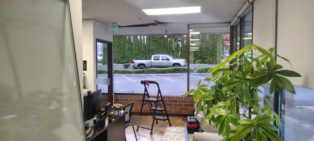 Storefront opening during glass replacement in Silverdale, viewed from inside